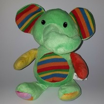 Emerald Toy Green Elephant Plush Lovey 12&quot; Stuffed Toy Knit Stripes Orange Blue - £13.86 GBP