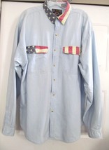 DOUBLE EXPOSURE DX Chambray Look Denim Shirt Wash Blue L/S Distress Flag XL - $31.61