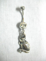 New Kitty Cat Sitting Pretty Charm On Dbl Dazzling Clear Cz Barbell Belly Ring - £4.73 GBP