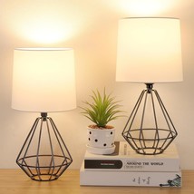 Set Of 2 Bedside Table Lamp, Black Metal Modern Lamp With White Fabric Shade, Si - £59.32 GBP