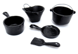 Vintage Miniature Cast Iron Pots and Pans Coal Shuttle Shovel Lot of 5 D... - $18.80