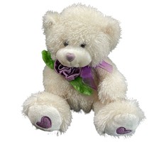 Caltoy Teddy Bear Stuffed Animal Plush Cream Purple Heart Feet Bow 10&quot; - $12.59