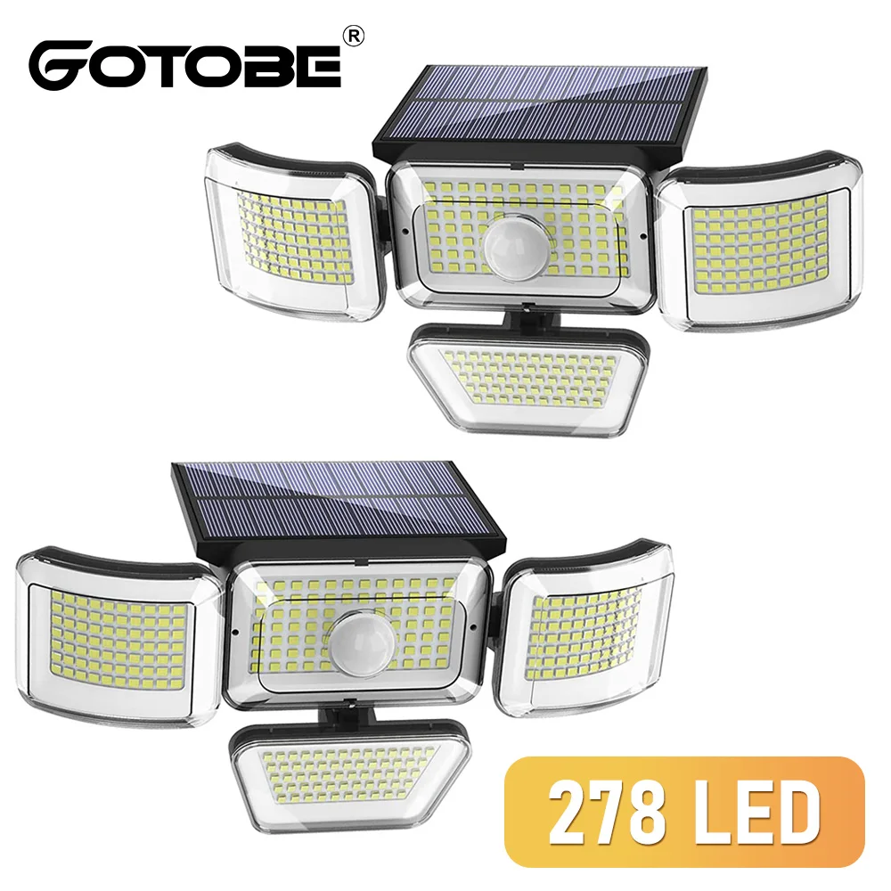 278 LED Solar Lights Outdoor 4 Heads Motion Sensor Human Induction 2200mAh Lithi - £105.86 GBP