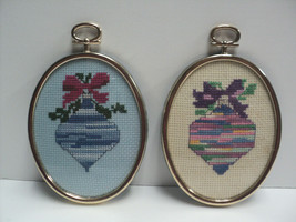 2 Vintage Ornament Cross-Stitched Christmas Holiday in Gold-Toned Frames... - $14.87