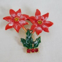 Beatrix BJ Potted Poinsettia Flower Brooch Pin Gold Tone Rhinestones Signed Vtg - £11.67 GBP