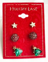 Holiday Lane Gold-Tone 3-Pc Set Crystal Star Ball &amp; Christmas Tree Stud Earrings - £4.67 GBP