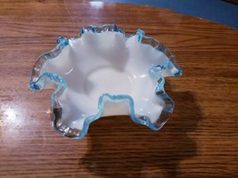 Vintage Fenton Art Glass Aqua (Pale Blue) Crest 6&quot; Double Crimp Bon Bon ... - £14.98 GBP