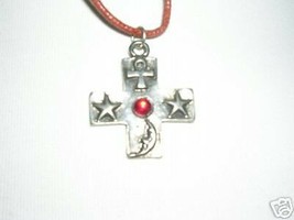 Pewter Celestial Square Cross Pendant W Red Crystal Gem Adjustable Cord Necklace - $8.50