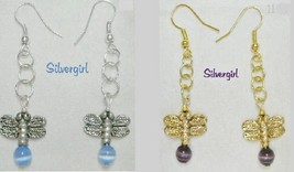 Dragonfly Butterfly Cat&#39;s Eye Earrings Gold or Silver Plate Blue or Purple - £7.68 GBP