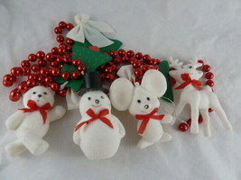 Vintage Christmas Ornaments Flocked Mouse Snowman Deer Bear + wood bells garland - £15.81 GBP