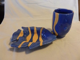 Blue &amp; Yellow Ceramic Fish Soap Dish and Toothbrush Holder or Mug - £31.87 GBP