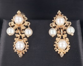 14k Yellow Gold Pearl Dangle Screw-On No Post Earrings Gorgeous - $17,728.47 MXN