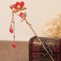 Handcrafted Oriental Red Lotus Golden Hairpin | Traditional Retro Hair S... - £18.83 GBP