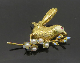 18K GOLD - Vintage Petite Pearls Ruby &amp; Enamel Perched Bird Brooch Pin -... - £1,128.30 GBP