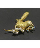 18K GOLD - Vintage Petite Pearls Ruby &amp; Enamel Perched Bird Brooch Pin -... - $1,414.77