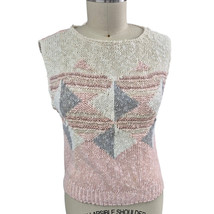 90s Y2k Jamie Scott Hand Knitted Cotton Sweater Vest Pink/Gray/Cream Sz S/M - $795.92 MXN