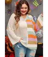 Beige Pointelle Knit Colorblock Patchwork V Neck Hooded Plus Sweater - $657.42 MXN