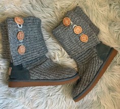 UGG Womens 5 Classic Cardy Knitted Sweater Boots Aqua Green Button Fold Over - $43.56