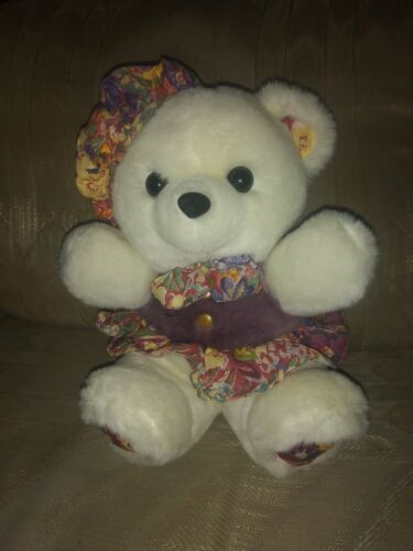 Dandee International Teddy Bear Plush 11&quot; White Purple Flower Floral Dre... - $19.79