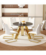 Modern 42&quot; Round Sintered Stone Dining Set + 6 White Golden Chairs - $1,133.06 CAD