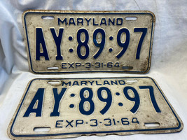 Vtg 1964 Maryland License Plate Tags Set of 2 AY:89:97 - £39.58 GBP