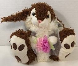 Goffa Bunny Rabbit Plush Easter curly brown cream holding pink purple flowers - $9.89