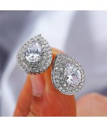 3C Pear CZ Diamond 925 Sterling Silver Push Back Double Halo Party Stud ... - $41.38 CAD