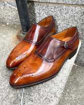 Handmade Men&#39;s Tan Brown Cowhide Brogue Leather Single Monk  Dress Formal Shoes - £103.50 GBP