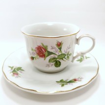 Lynns Victorian Rose Cup and Saucer 6oz White Fine China Red Moss Roses - $12.00