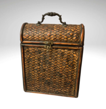 Woven Wicker Bamboo Small Double Bottle Carrier Hinge Lid Metal Top Hand... - £23.23 GBP