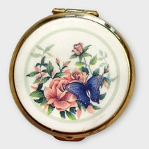 Vintage Floral STRATTON Pill Box/ Gold &amp; Enamel Pink Roses &amp; Purple Butt... - £26.63 GBP