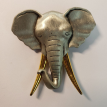 JJ Jonette Elephant Head Brooch Pin Tusk Pewter Gold Tone Signed 2 1/4&quot; Jewelry - £23.32 GBP