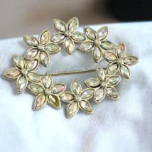 Aurora Borealis Brooch MISSING STONE Crystal Flower Petals Gold Tone Pin 2.25&quot; W - £9.56 GBP