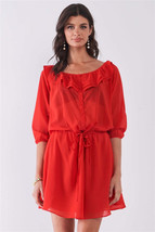 Women&#39;s Ruffle Collar Midi Sleeve Self-tie Waist Front Button Down Mini ... - $14.80