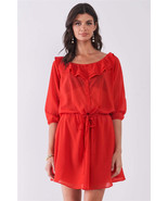 Boat Neck Ruffle Collar Midi Sleeve Self-tie Waist Front Button Down Min... - $20.39 CAD