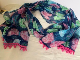 Mudpie Womens Pink Green Blue Butterfly Scarf  20&quot; x 66&quot; - £6.30 GBP