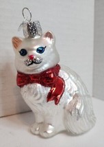 old world Christmas glass ornament  cat Kitty Himalayan White Silver Bow Red - £9.84 GBP