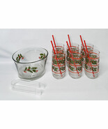 Vintage Indiana Glass Christmas Hostess Barware Set Holly Berry Highball... - $123.27 CAD