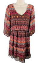 By &amp; By dress small chevron geometric print 3/4 sleeves brown burgundy o... - $8.90