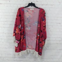 Umgee Open Front Cardigan Women 2X Red Floral Kimono Fringe Boho Hippie Festival - £19.97 GBP