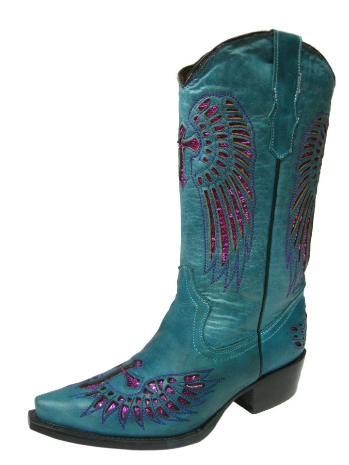 Womens Western Boots Turquoise Leather Fuchsia Sequins Cross Wings Snip ... - $76.82