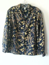 Vintage Notations Long Sleeve Gold Paisley and Floral on Navy Blouse Size L - $12.99