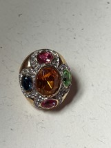 Vintage Orange w Pink Green &amp; Blue &amp; Tiny Clear Rhinestone Accents Goldtone Oval - £10.34 GBP