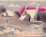 Vtg Embossed Airbrushed Postcard - A Happy Christmas Winter Scene Cabins - $8.86