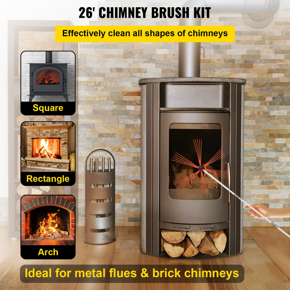 VEVOR Chimney Sweep Kit 26FT Length, Chimney Cleaning Tool Kits with 8 N... - £46.32 GBP