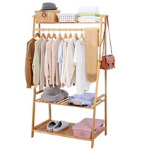 Heavy Duty Bamboo Garment Rack Coat Clothes Stand w/ Top Shelf &amp; Shoes O... - £80.25 GBP