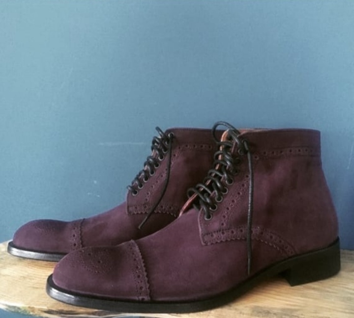 Men's Suede Ankle High Lace Up Boot, Handmade Dark Brown Cap Toe Brogue Boot