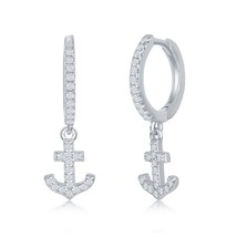 Sterling Silver Small Huggie Hoop CZ Anchor Earrings - $45.60