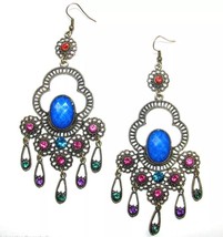 Crystal Chandelier Archaize Long Dangle Drop Earrings Blue Multi Color #26 - £8.75 GBP