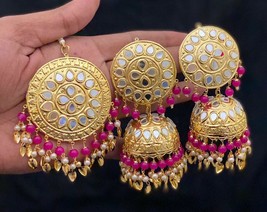 Mirror Rajasthani Jaipuri Gold Plated Tikka Earrings Jewelry Set Bridal Pink - £24.49 GBP